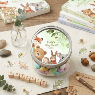Pegatina Redonda Bosque Animales Lindos Verdor Baby Shower
