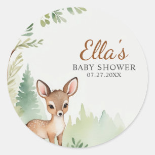 Pegatina Redonda Bosque Ciervo Selva Neutral Baby Shower
