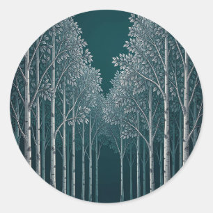 Pegatina Redonda Bosque de abedules blancos de té oscuro