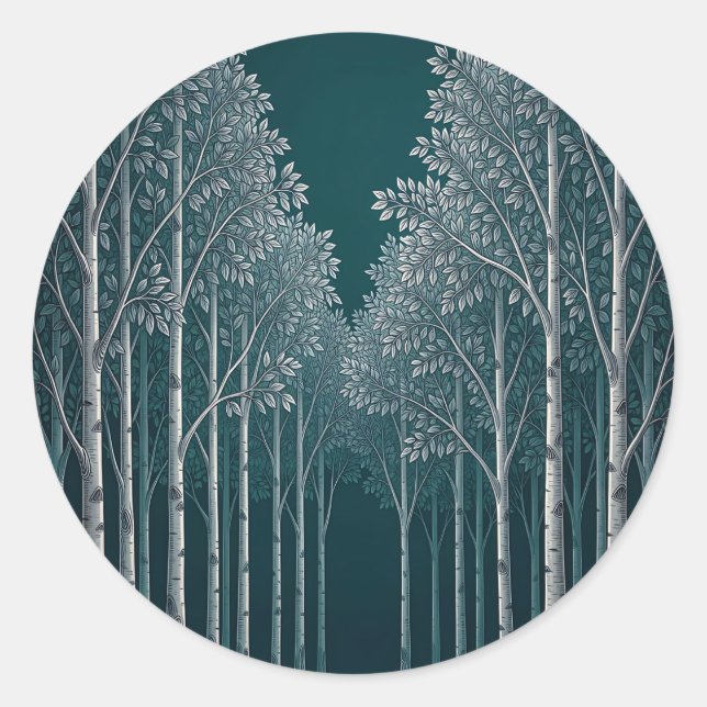 Pegatina Redonda Bosque de abedules blancos de té oscuro (Anverso)