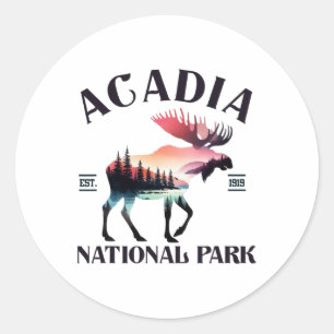 Pegatina Redonda Bosque de alces del Parque Nacional Acadia retro C