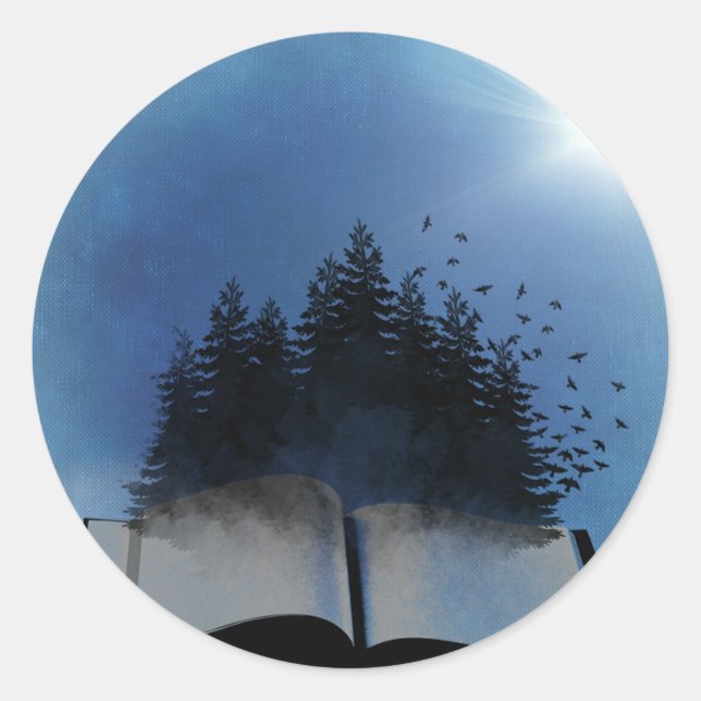 Pegatina Redonda Bosque de libros abiertos (Anverso)