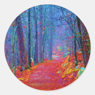 Pegatina Redonda Bosque de luz negra pintura al óleo