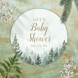 Pegatina Redonda Bosque de Pino Rústico Baby Shower