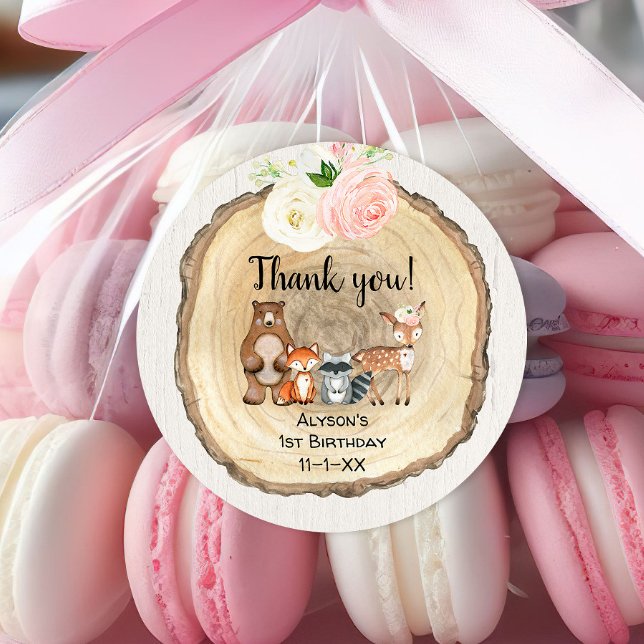 Pegatina Redonda Bosque floral rústico lindos animales cumpleaños c (Subido por el creador)