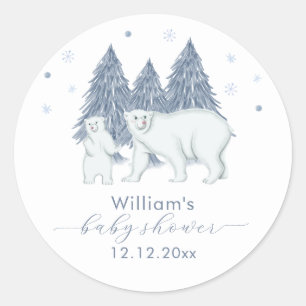 Pegatina Redonda Bosque Invernal de Madera Oso Polar Baby Shower