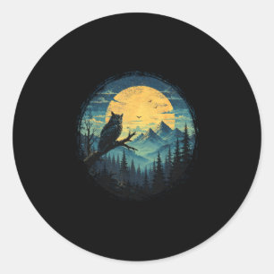 Pegatina Redonda bosque luna de búho montaña soledad observadores d