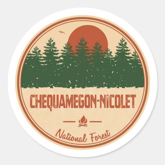 Pegatina Redonda Bosque nacional de Chequamegon-Nicolet (Anverso)