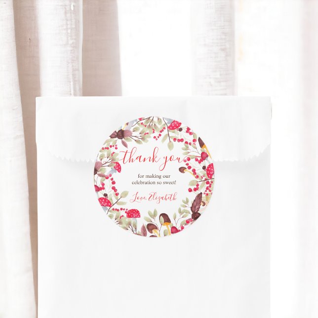 Pegatina Redonda Bosque rústico de setas ricas gracias a la ducha d (Cute mushroom rustic forest thank you baby shower classic round sticker)