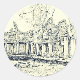 Pegatina Redonda Bosquejo de Angkor Wat