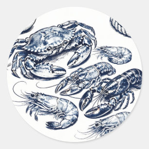 Pegatina Redonda Bosquejo de mariscos de langosta de cangrejo náuti
