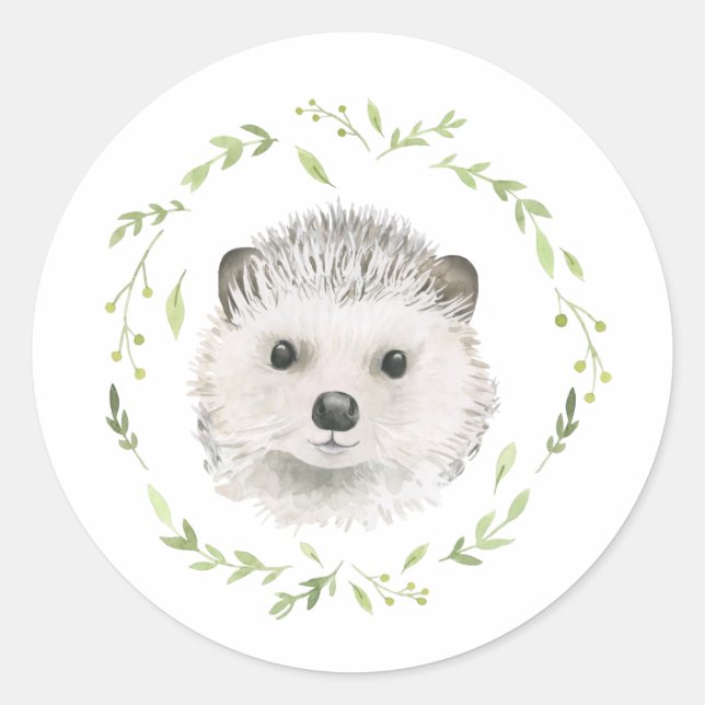 Pegatina Redonda Bosques animales Hedgehog Greenery Woodland Cute (Anverso)