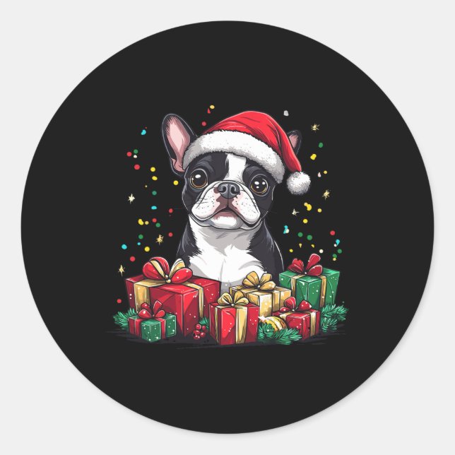 Pegatina Redonda Bostie Do, Navidades divertidos de Boston Terrier  (Anverso)