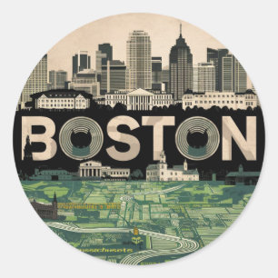 Pegatina Redonda Boston, Boston Massachusetts City Skyline con mapa