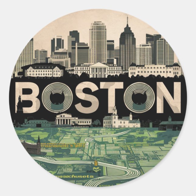 Pegatina Redonda Boston, Boston Massachusetts City Skyline con mapa (Anverso)