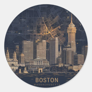 Pegatina Redonda Boston, Massachusetts Ciudad Silueta Con Mapa