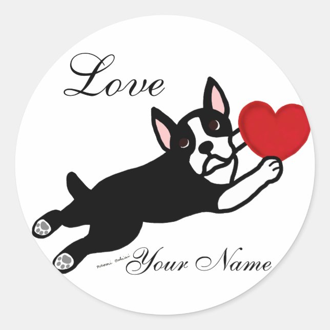 Pegatina Redonda Boston Terrier and Red Heart Personalizado (Anverso)