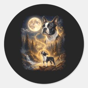Pegatina Redonda Boston Terrier Aullando A La Luna Retro
