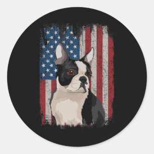 Pegatina Redonda Boston Terrier Bandera Estadounidense Patriótica 4