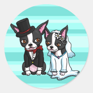 Pegatina Redonda Boston Terrier Bride y Groom