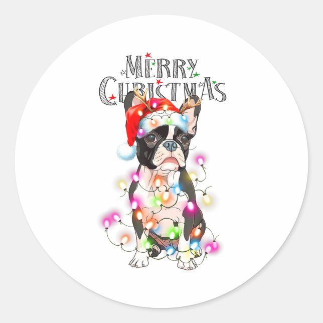 Pegatina Redonda Boston Terrier Christmas Lights Xmas Dog  (Anverso)