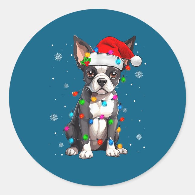 Pegatina Redonda Boston Terrier Christmas Santa Hat  (Anverso)