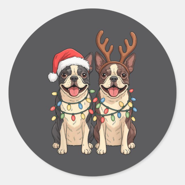 Pegatina Redonda Boston Terrier Christmas Santa Hat Reindeer Lights (Anverso)