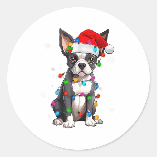 Pegatina Redonda Boston Terrier Christmas Santa Hat Tree Lights Paj (Anverso)