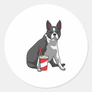Pegatina Redonda Boston Terrier con bebida