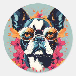 Pegatina Redonda Boston Terrier Con Gafas De Sol