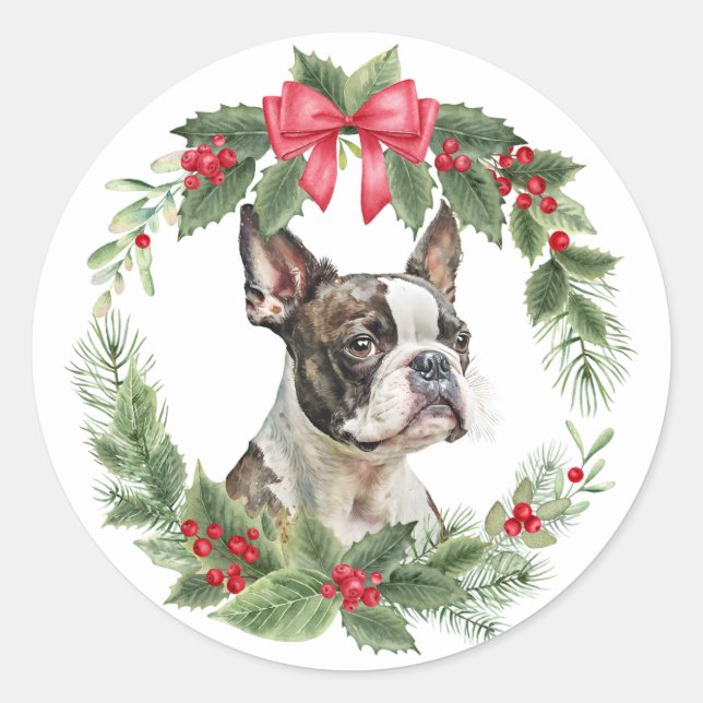 Pegatina Redonda Boston Terrier Dog Red Bow Holly Wreath (Anverso)