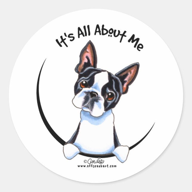 Pegatina Redonda Boston Terrier es todo sobre mí (Anverso)