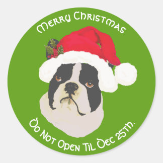 Pegatina Redonda Boston Terrier Feliz Navidad, no abras hasta