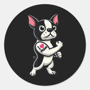 Pegatina Redonda Boston Terrier I Love Mom Funny Dog Tattoo