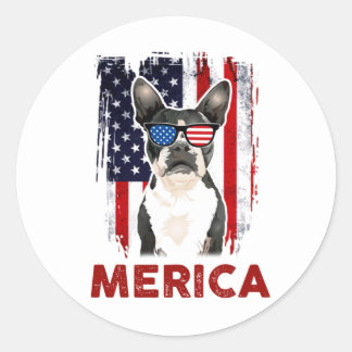 Pegatina Redonda Boston Terrier Merica Bandera Patriótica Estadouni