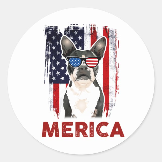 Pegatina Redonda Boston Terrier Merica Bandera Patriótica Estadouni (Anverso)
