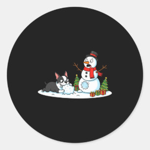 Pegatina Redonda Boston Terrier Muñeco de Nieve Árbol de Navidad Xm