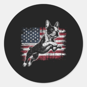 Pegatina Redonda Boston Terrier Perro Bandera Americana 4 De Julio 