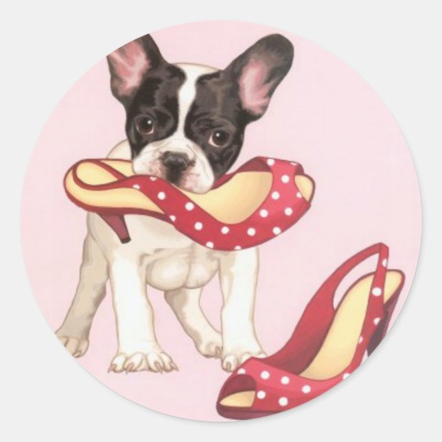Pegatina Redonda Boston Terrier Puppy Con Zapatos (Anverso)