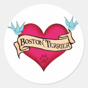 Pegatina Redonda Boston Terrier Tattoo Heart