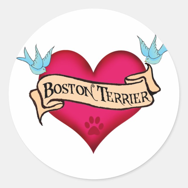 Pegatina Redonda Boston Terrier Tattoo Heart (Anverso)