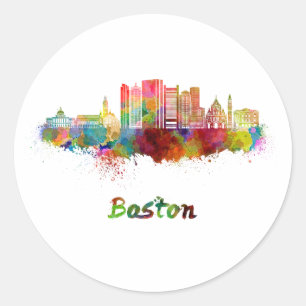 Pegatina Redonda Boston V2 skyline in watercolor