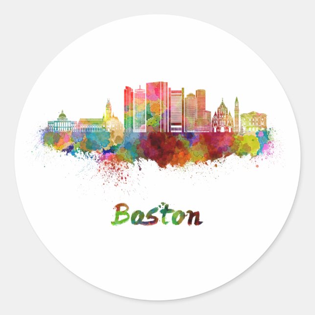 Pegatina Redonda Boston V2 skyline in watercolor (Anverso)