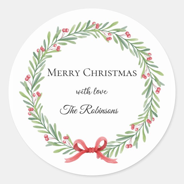 Pegatina Redonda Botanical Christmas Wreath Modern Script (Anverso)
