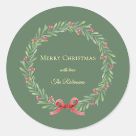 Pegatina Redonda Botanical Christmas Wreath Modern Script 