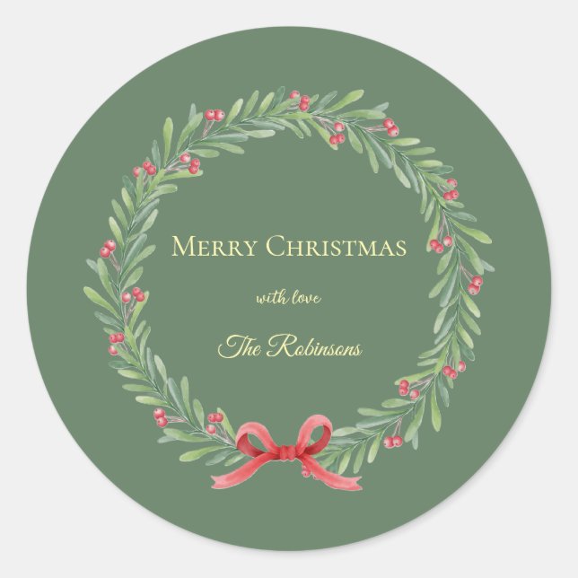 Pegatina Redonda Botanical Christmas Wreath Modern Script  (Anverso)
