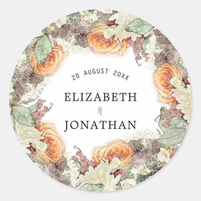 Pegatina Redonda Botanical Eucalyptus Orange Roses Floral Wedding (Anverso)