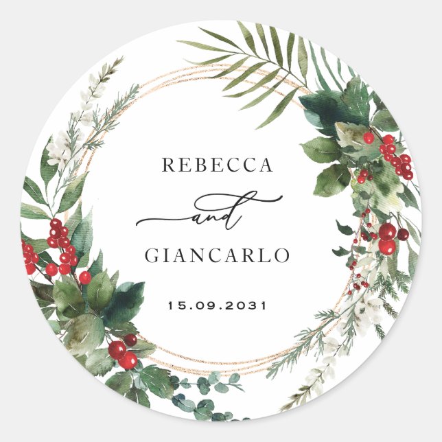 Pegatina Redonda Botanical Holiday Greenery Red Berries Wedding (Anverso)