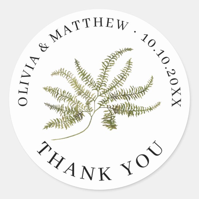Pegatina Redonda Botanical Wedding Thank You | Minimalist Fern (Anverso)