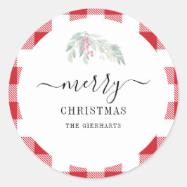 Pegatina Redonda Botánicas de acuarela navideña con guión moderno